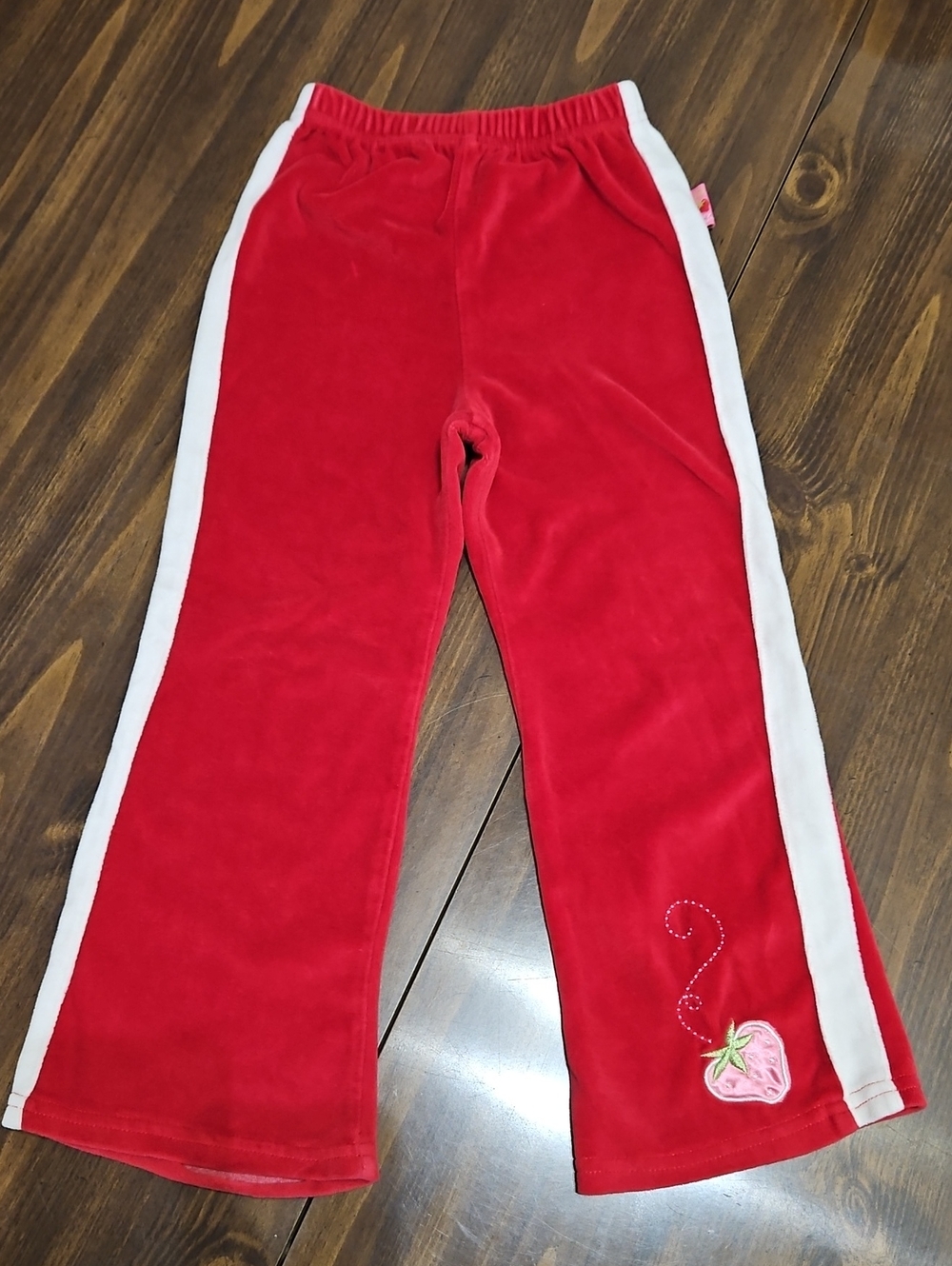 Girls' Red Velour Joggers with White Side Stripes and Strawberry Accent